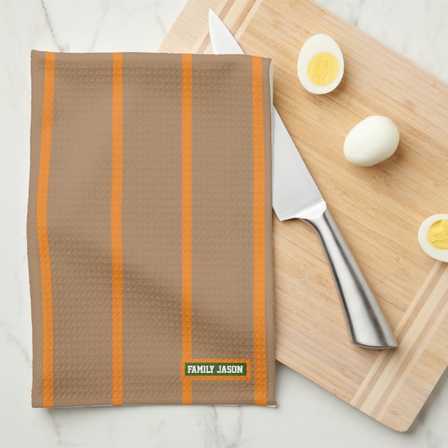 Custom name monogram stripes brown orange stylish tea towel (Quarter Fold)