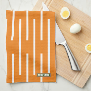 Custom name monogram stripes orange white stylish tea towel