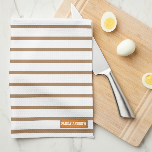 Custom name monogram  stripes pattern white brown  tea towel (Quarter Fold)