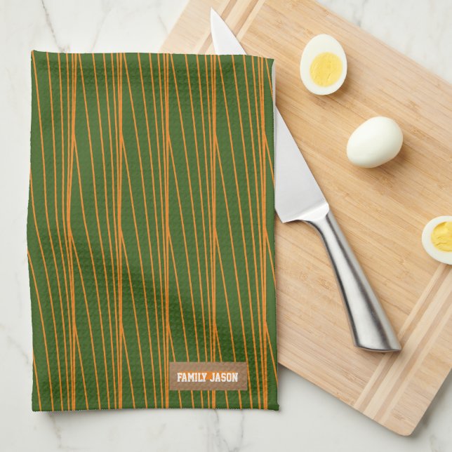 Custom name monogram stripes waves green orange  tea towel (Quarter Fold)