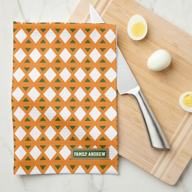 Custom name monogram stylish pattern orange green  tea towel (Quarter Fold)