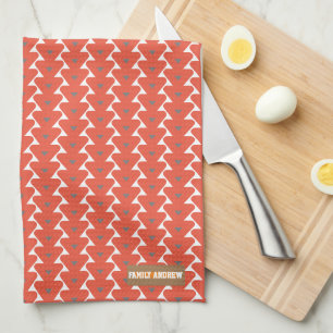 Custom name monogram stylish pattern red white tea towel