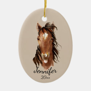 Custom Name, Monogram, Text Watercolor Horse Ceram Ceramic Ornament