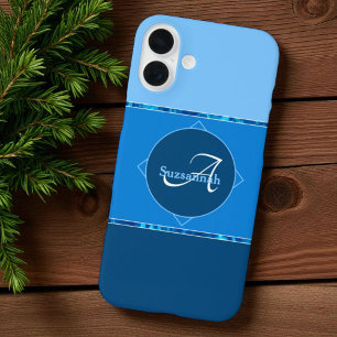 Custom Name Monogram Three Blue Ombre Stripes iPhone 16 Plus Case
