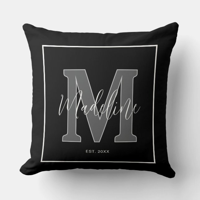 Custom name monogram typography black and white cushion (Front)