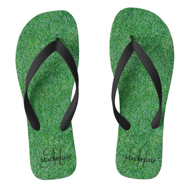Custom Name Monogram Zen Green Grass Nature Thongs (Footbed)