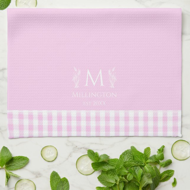 Custom Name Monogrammed Pink & White Gingham Tea Towel (Folded)