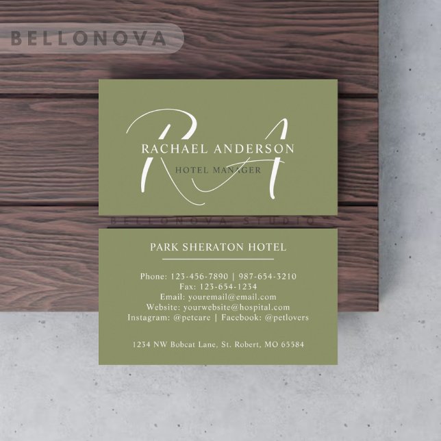 Custom Name Moss Sage Olive Green White Monogram Business Card (Custom Name Moss Sage Olive Green White Monogram Business Card)