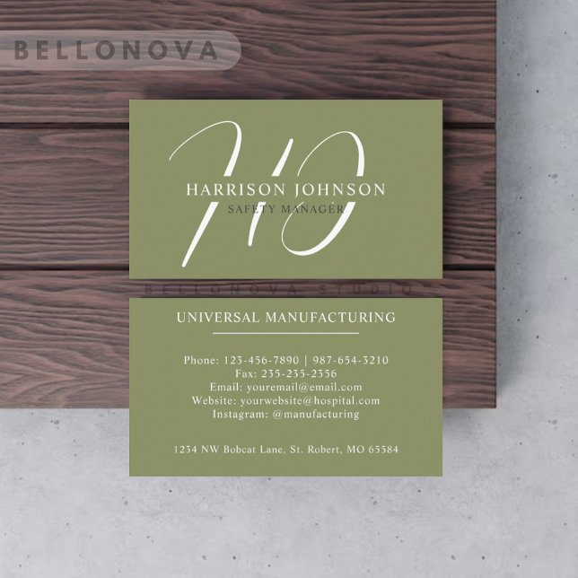 Custom Name Moss Sage Olive Green White Monogram Business Card (Custom Name Moss Sage Olive Green White Monogram Business Card)