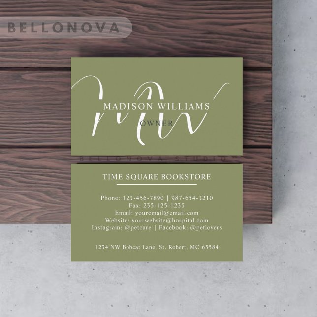 Custom Name Moss Sage Olive Green White Monogram Business Card (Custom Name Moss Sage Olive Green White Monogram Business Card)