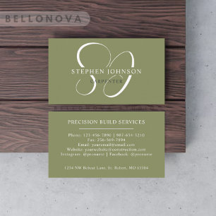 Custom Name Moss Sage Olive Green White Monogram Business Card