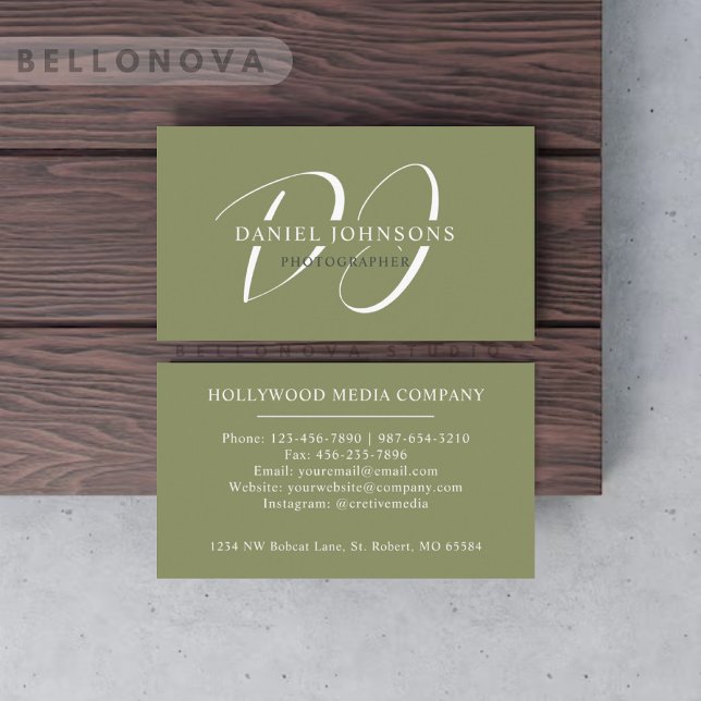 Custom Name Moss Sage Olive Green White Monogram Business Card (Custom Name Moss Sage Olive Green White Monogram Business Card)