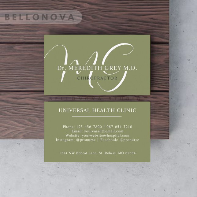 Custom Name Moss Sage Olive Green White Monogram Business Card (Custom Name Moss Sage Olive Green White Monogram Business Card)