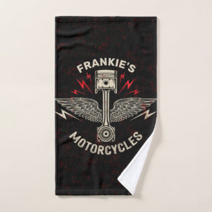 Custom NAME Motorcycle Piston Wings Biker Garage Hand Towel