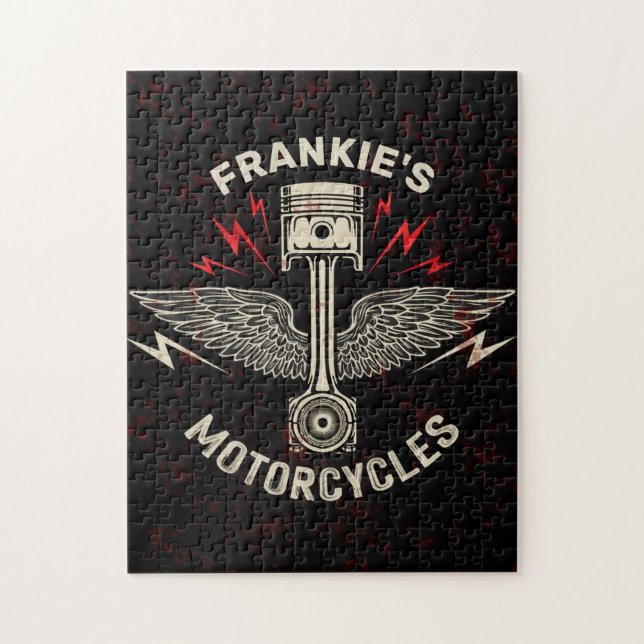 Custom NAME Motorcycle Piston Wings Biker Garage Jigsaw Puzzle (Vertical)