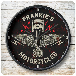 Custom NAME Motorcycle Piston Wings Biker Garage Large Clock
