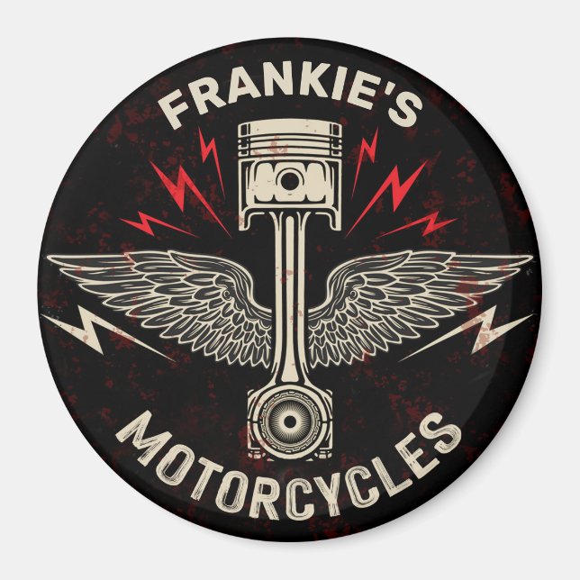 Custom NAME Motorcycle Piston Wings Biker Garage Magnet (Front)