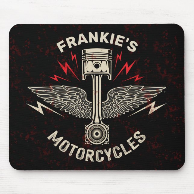 Custom NAME Motorcycle Piston Wings Biker Garage Mouse Pad (Front)