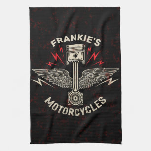 Custom NAME Motorcycle Piston Wings Biker Garage Tea Towel