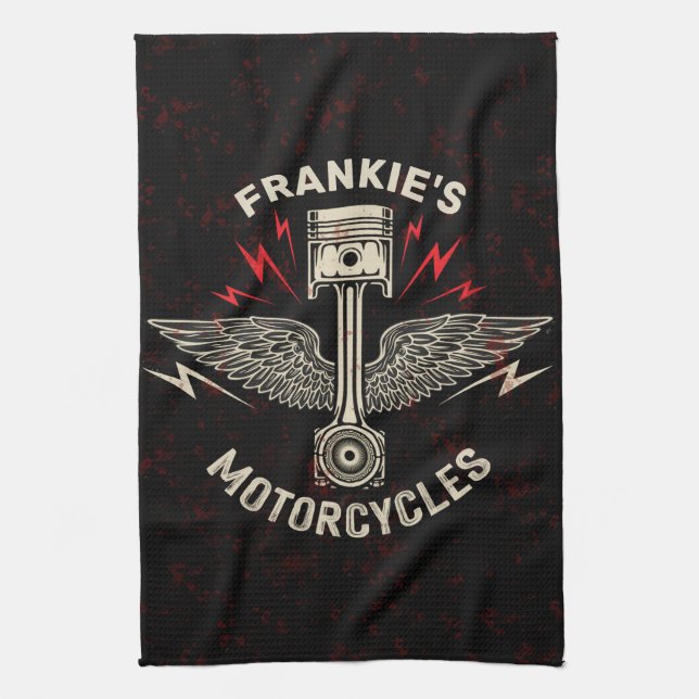 Custom NAME Motorcycle Piston Wings Biker Garage Tea Towel (Vertical)