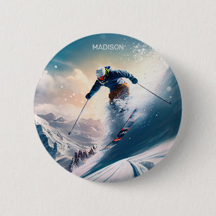Custom Name Mountain Skier 6 Cm Round Badge