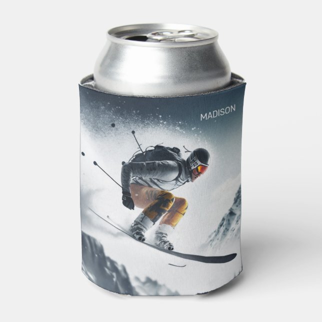 Custom Name Mountain Skier Can Cooler (Can Front)