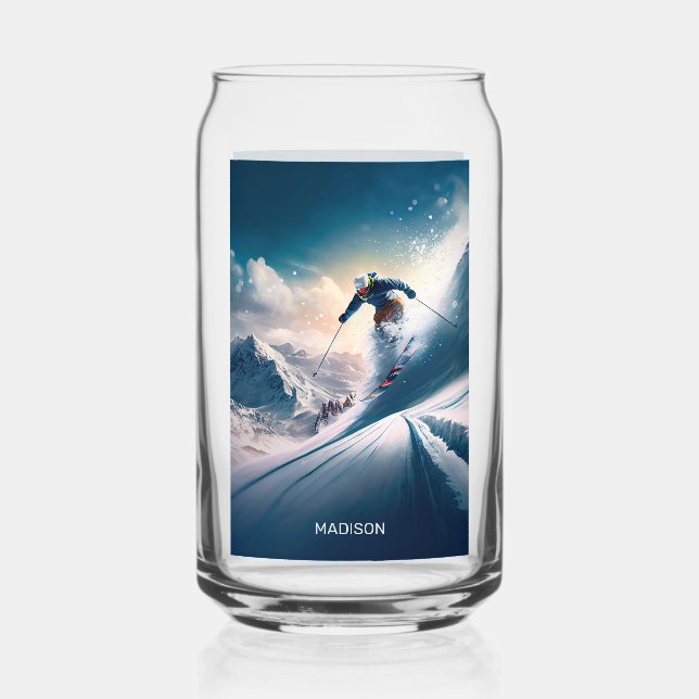 Custom Name Mountain Skier Can Glass (Front)