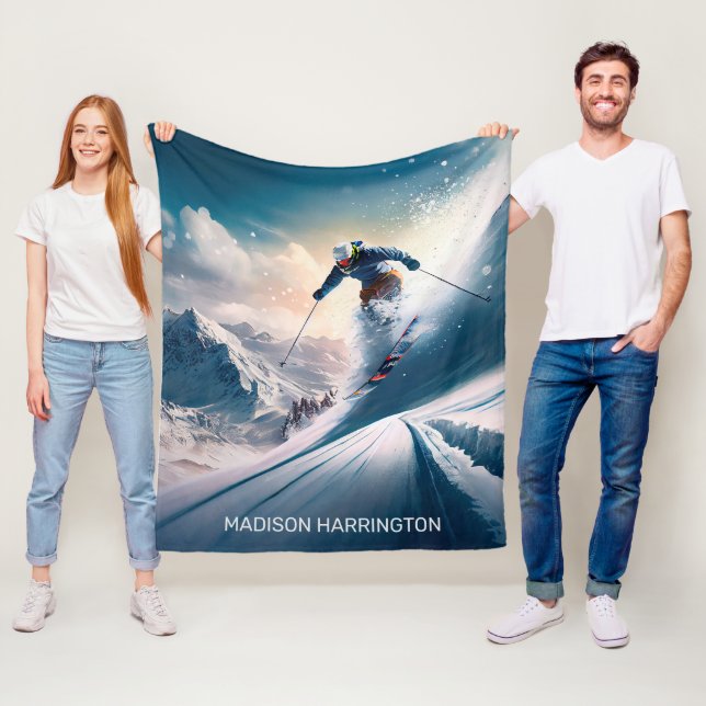 Custom Name Mountain Skier Fleece Blanket (In Situ)