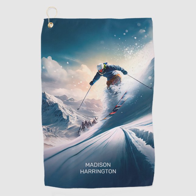Custom Name Mountain Skier Golf Towel (Front)