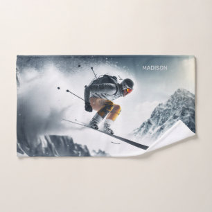 Custom Name Mountain Skier Hand Towel