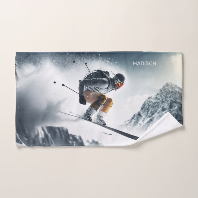 Custom Name Mountain Skier Hand Towel (Hand Towel)