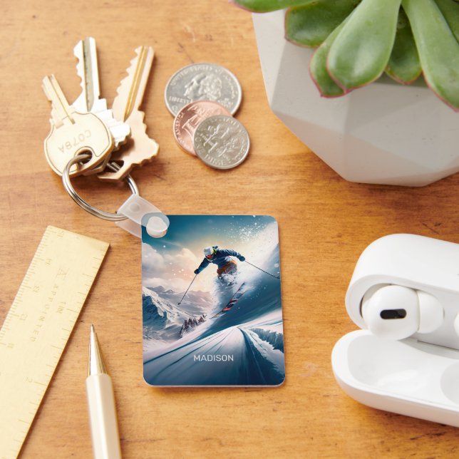 Custom Name Mountain Skier Key Ring (Desk)