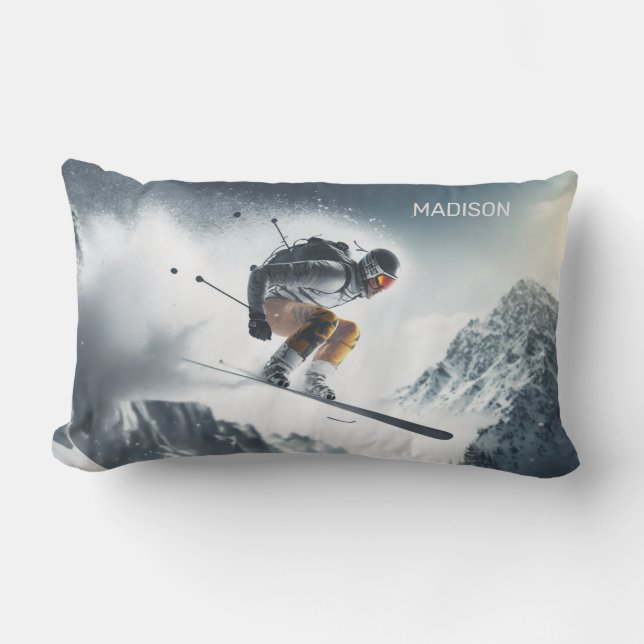 Custom Name Mountain Skier Lumbar Cushion (Front)
