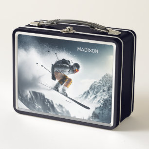Custom Name Mountain Skier Metal Lunch Box