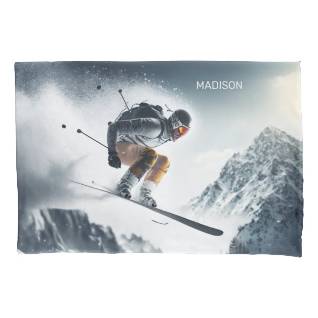 Custom Name Mountain Skier Pillowcase (Front)
