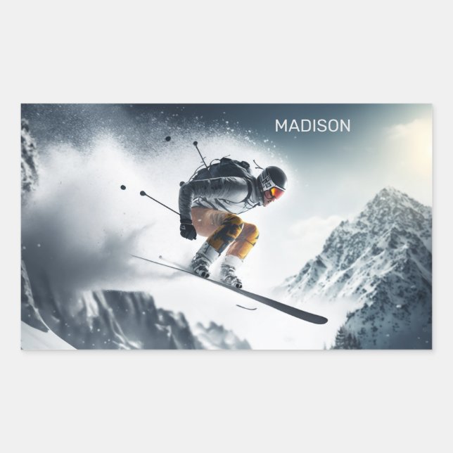Custom Name Mountain Skier Rectangular Sticker (Front)