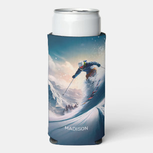 Custom Name Mountain Skier Seltzer Can Cooler
