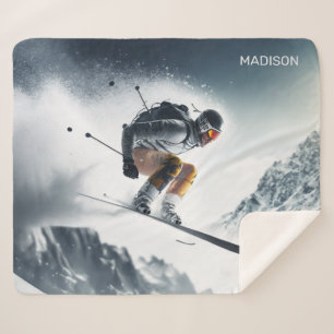Custom Name Mountain Skier Sherpa Blanket