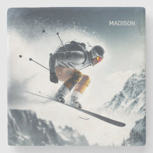 Custom Name Mountain Skier Stone Coaster