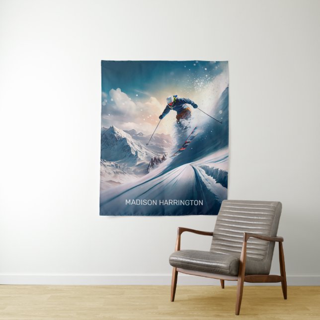 Custom Name Mountain Skier Tapestry (In Situ)