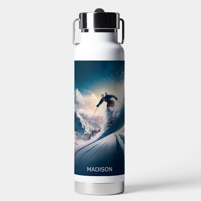 Custom Name Mountain Skier Water Bottle (Front)