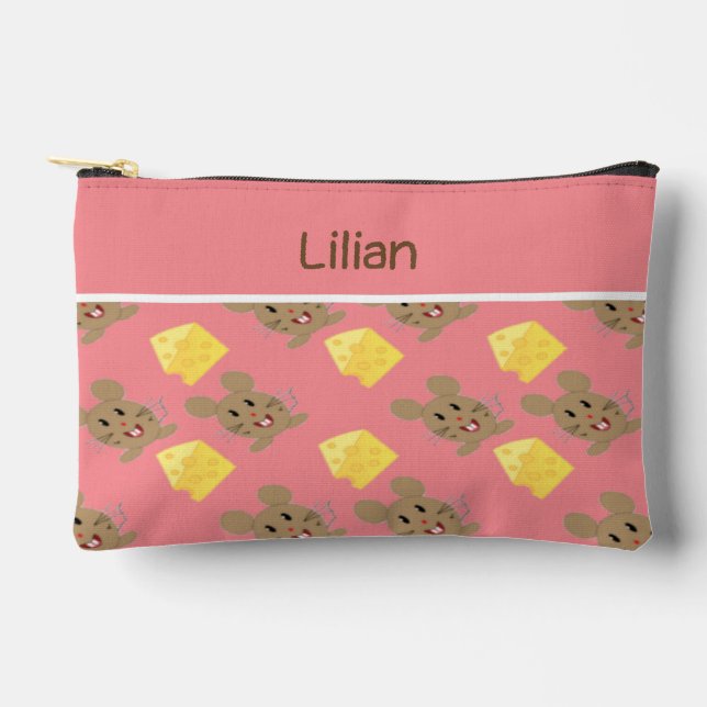 Custom name mouse and cheese pink pattern accessory pouch (Front)