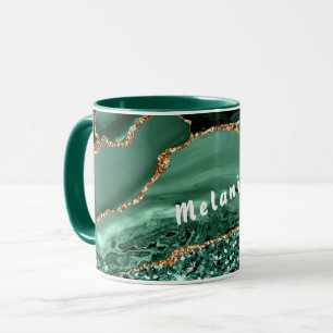 Custom Name Mug Agate Green Gold Glitter Marble