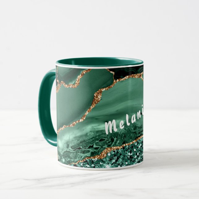 Custom Name Mug Agate Green Gold Glitter Marble (Front Left)