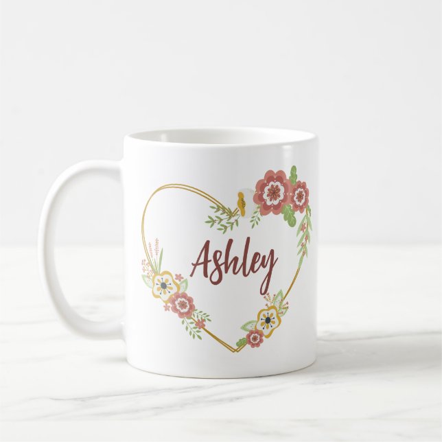Custom Name Mug, Floral Heart Personalised Coffee Mug (Left)