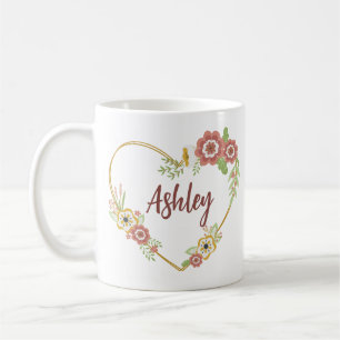 Custom Name Mug, Floral Heart Personalized Coffee Mug