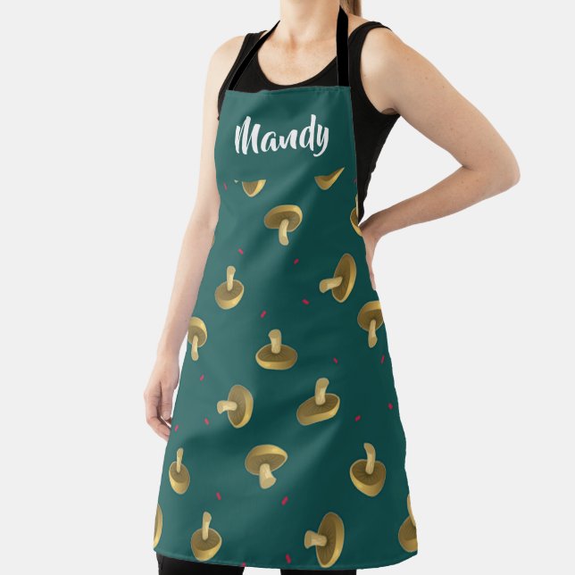 Custom name mushrooms on green apron (Insitu)