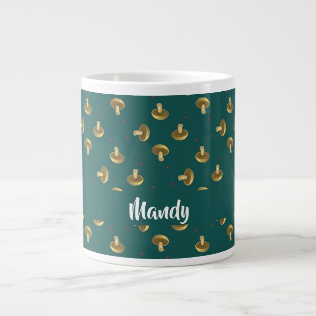 Custom name mushrooms on green large coffee mug (Front)
