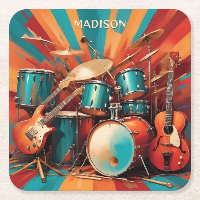 Custom Name Musical Instruments Square Paper Coaster (Front)
