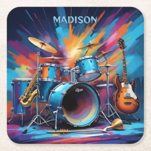 Custom Name Musical Instruments Square Paper Coaster